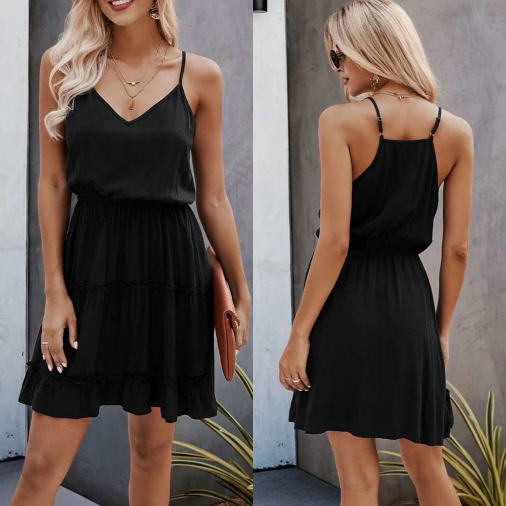 Boho v neck dress ruffle tiered cami strap racerback dusty pink - Picture 5 of 5